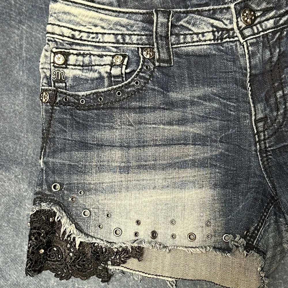 Miss Me Women's Blue Jean Denim Shorts with Black Lace and Bling 30 - Picture 2 of 15